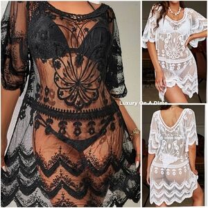 Boho Lace Swimwear Coverup Dress Retro Knee Length Elegant Sheer Swim Cover Boho